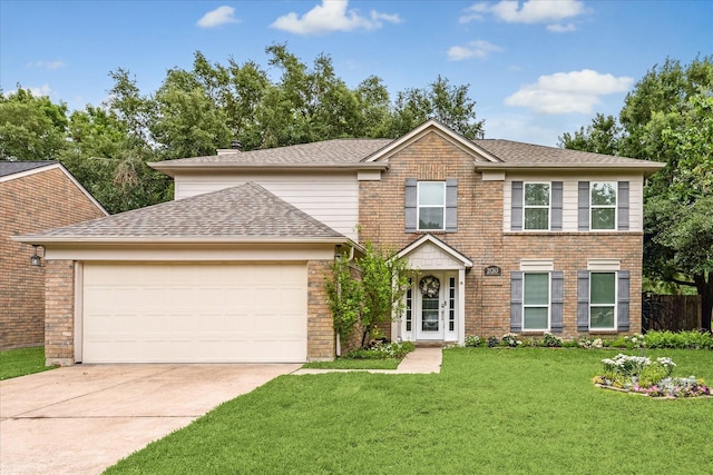 21263 Park Bluff Dr, Katy, TX 77450 - view of front of property with a shingled roof, brick siding, a garage, a front yard, and concrete driveway