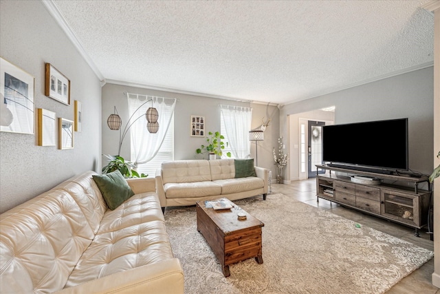 21263 Park Bluff Dr, Katy, TX 77450 - living area with crown molding, tile patterned flooring, and a textured ceiling