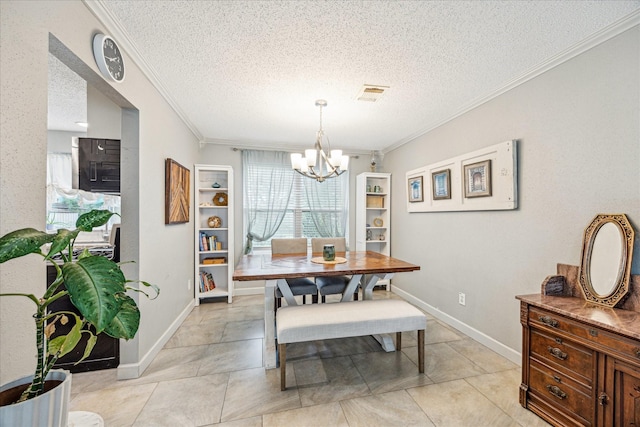 21263 Park Bluff Dr, Katy, TX 77450 - dining room featuring a textured ceiling, an inviting chandelier, ornamental molding, and baseboards