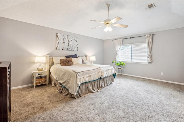 21263 Park Bluff Dr, Katy, TX 77450 - bedroom with a ceiling fan, a textured ceiling, visible vents, baseboards, and carpet