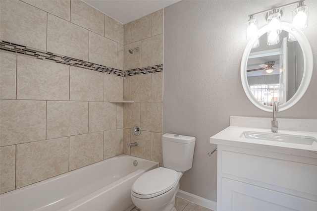8714 Valley Flag Dr, Houston, TX 77078 - bathroom featuring vanity, a textured wall, shower / bath combination, a ceiling fan, and toilet