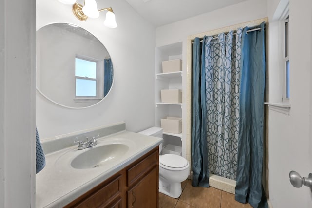full bathroom with vanity, toilet, tile patterned flooring, and a shower with shower curtain