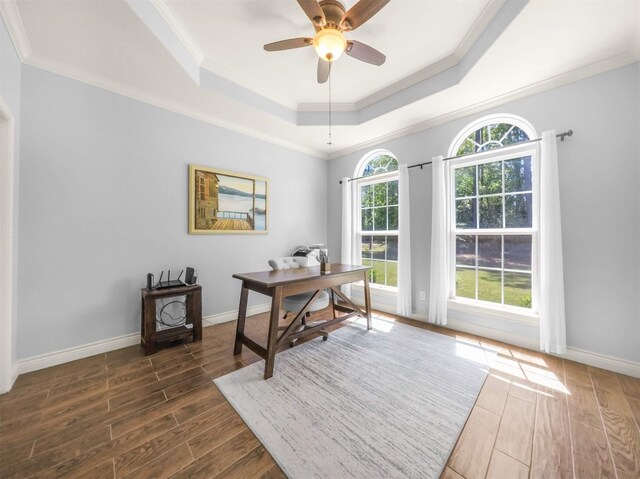 19507 Balsas Dr, Porter, TX 77365 - office space featuring baseboards, crown molding, wood finish floors, and a raised ceiling