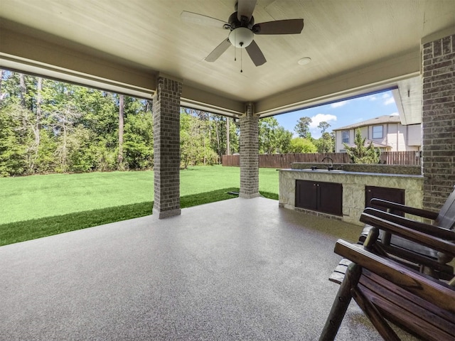 19507 Balsas Dr, Porter, TX 77365 - view of patio featuring a sink, fence, area for grilling, and ceiling fan