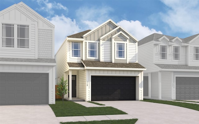 multi unit property with an attached garage, roof with shingles, board and batten siding, and concrete driveway