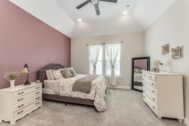 bedroom featuring light carpet, baseboards, a ceiling fan, vaulted ceiling, and recessed lighting
