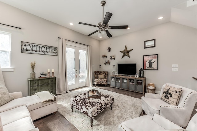 living room featuring recessed lighting, french doors, wood finished floors, and ceiling fan