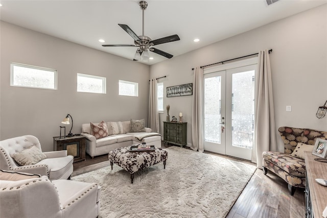 living room with french doors, recessed lighting, wood finished floors, and ceiling fan
