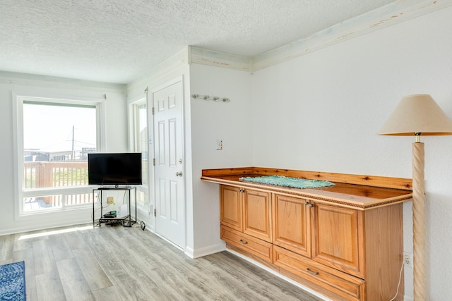 sitting room featuring a textured ceiling, light wood-type flooring, and baseboards