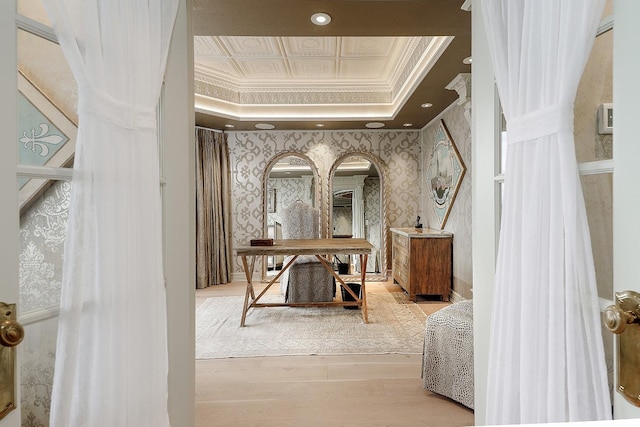 101 Westcott St Unit 2001, Houston, TX 77007 - office featuring a tray ceiling, wallpapered walls, ornamental molding, and wood finished floors