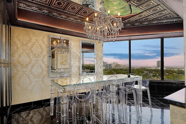 101 Westcott St Unit 2001, Houston, TX 77007 - dining space with a chandelier, a view of city, an ornate ceiling, and wallpapered walls