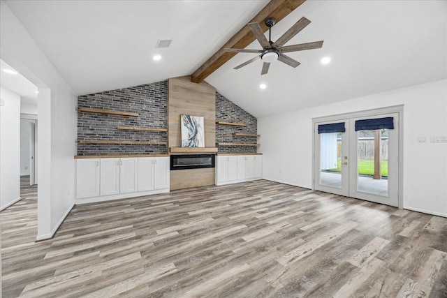 unfurnished living room featuring recessed lighting, lofted ceiling with beams, light wood-type flooring, ceiling fan, and visible vents