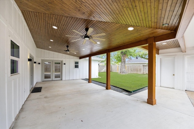 view of patio / terrace featuring fence, ceiling fan, and french doors