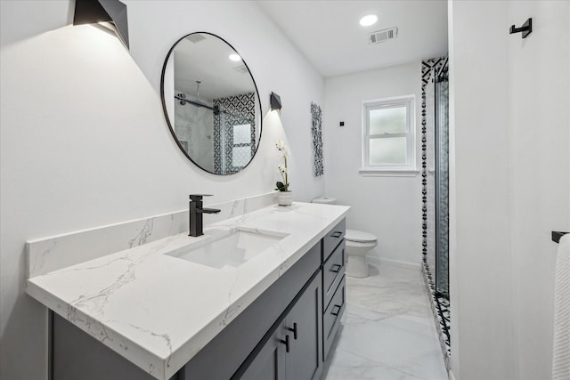 bathroom with curtained shower, visible vents, toilet, vanity, and marble finish floor