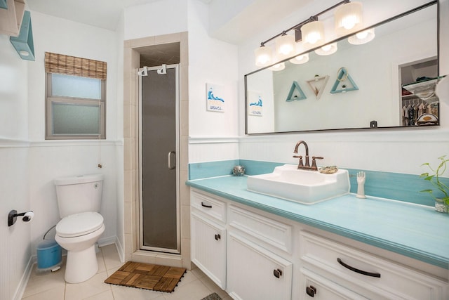 bathroom featuring a shower stall, toilet, tile patterned flooring, and vanity