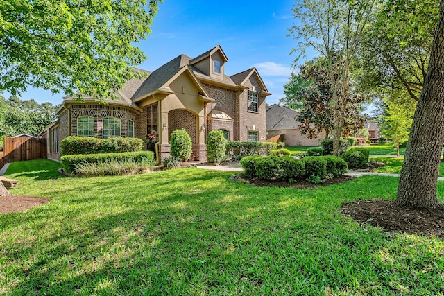 view of front of home featuring fence, roof with shingles, a front lawn, and brick siding
