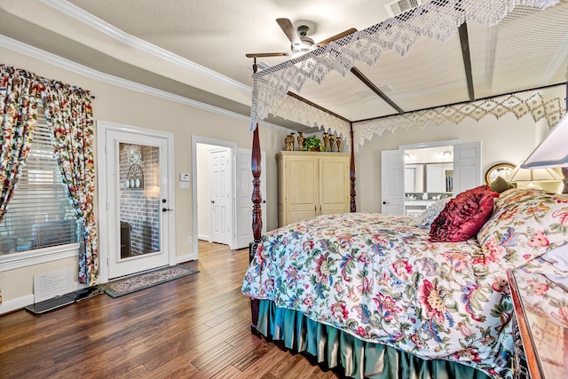 2469 S Bramlet Dr, Conroe, TX 77304 - bedroom featuring hardwood / wood-style floors, crown molding, baseboards, ceiling fan, and connected bathroom
