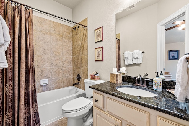 full bathroom featuring visible vents, shower / bath combination with curtain, toilet, and vanity