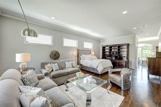 609 Reinicke St, Houston, TX 77007 - bedroom with baseboards, recessed lighting, crown molding, visible vents, and wood finished floors