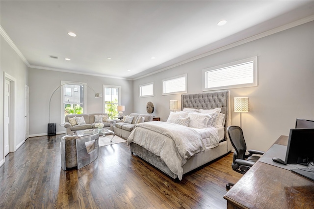 609 Reinicke St, Houston, TX 77007 - bedroom featuring visible vents, baseboards, crown molding, recessed lighting, and dark wood-type flooring