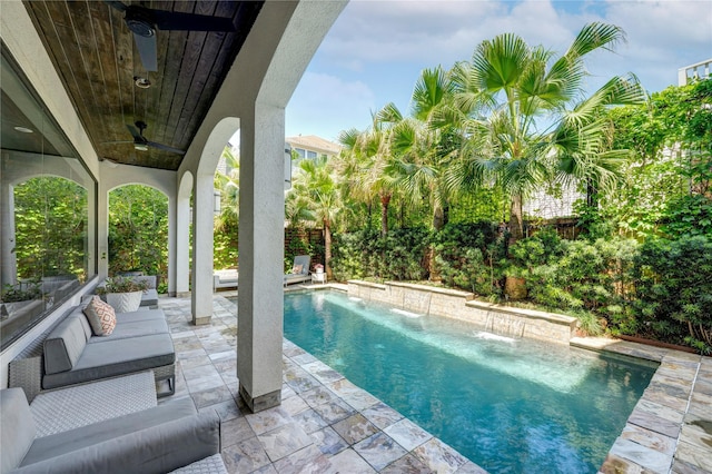 609 Reinicke St, Houston, TX 77007 - outdoor pool with a patio area, outdoor lounge area, and a ceiling fan