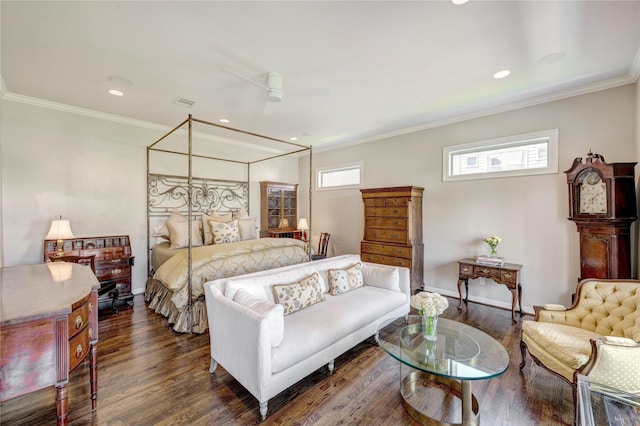 609 Reinicke St, Houston, TX 77007 - bedroom with dark wood-style flooring, ornamental molding, baseboards, and recessed lighting