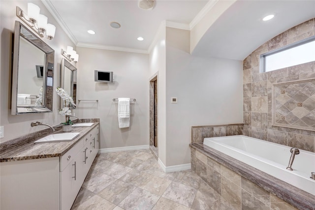 609 Reinicke St, Houston, TX 77007 - bathroom featuring a shower stall, a garden tub, a sink, and ornamental molding