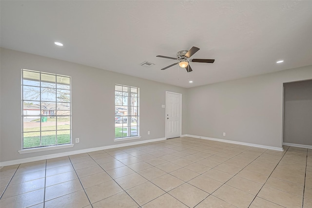8719 Valley Meadow Dr, Houston, TX 77078 - unfurnished room with light tile patterned floors, ceiling fan, visible vents, recessed lighting, and baseboards