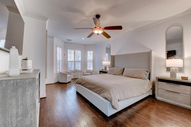 15122 Windsdowne Ln, Cypress, TX 77429 - bedroom featuring multiple windows, dark wood-type flooring, crown molding, a ceiling fan, and recessed lighting