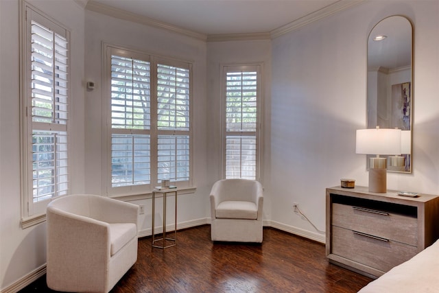 15122 Windsdowne Ln, Cypress, TX 77429 - living area featuring dark wood finished floors and crown molding
