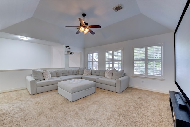 15122 Windsdowne Ln, Cypress, TX 77429 - carpeted living room featuring a ceiling fan and vaulted ceiling
