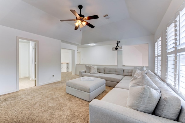 15122 Windsdowne Ln, Cypress, TX 77429 - living area featuring ceiling fan, carpet flooring, and lofted ceiling
