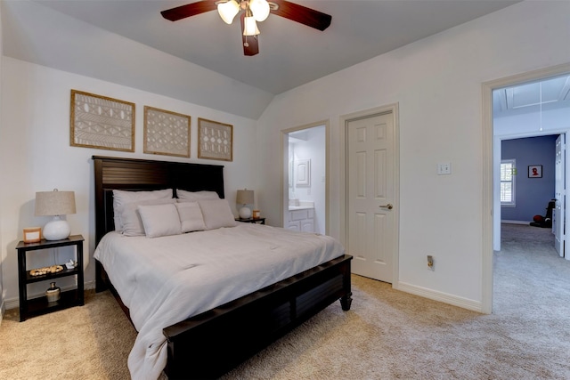 15122 Windsdowne Ln, Cypress, TX 77429 - bedroom with attic access, light carpet, ensuite bathroom, ceiling fan, and vaulted ceiling