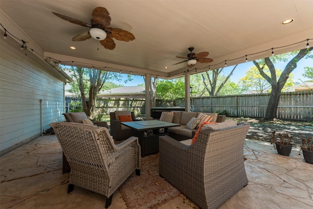 15122 Windsdowne Ln, Cypress, TX 77429 - fenced backyard with outdoor lounge area, ceiling fan, and a patio