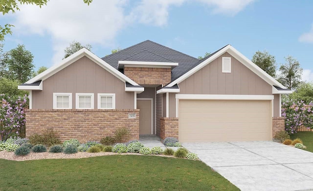 craftsman-style home with board and batten siding, a front lawn, a garage, and concrete driveway