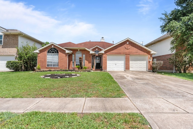 single story home featuring a garage, brick siding, a front lawn, and driveway
