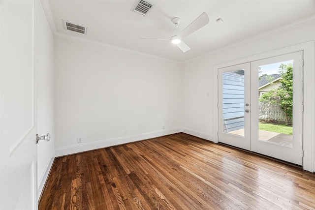 636 Pizer St, Houston, TX 77009 - empty room with french doors, ornamental molding, hardwood / wood-style floors, ceiling fan, and baseboards