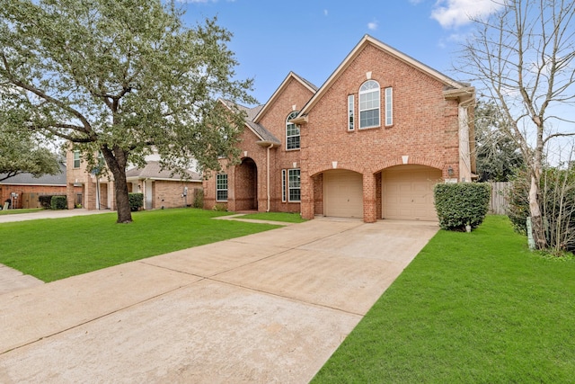 view of front of house featuring concrete driveway, an attached garage, a front lawn, brick siding, and fence