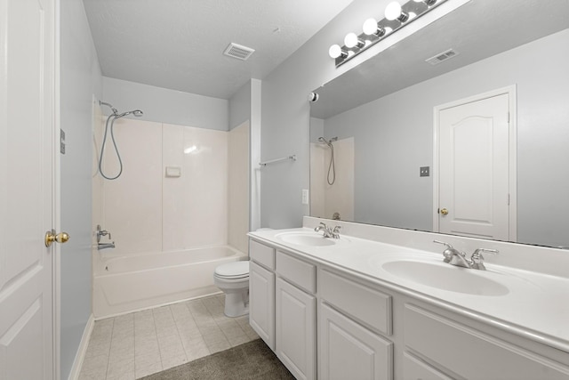 full bath with a sink, visible vents, toilet, and washtub / shower combination
