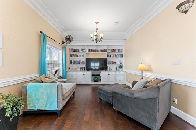 living area with a chandelier, crown molding, dark wood-style flooring, and baseboards