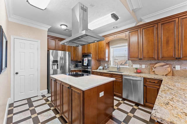 kitchen with stainless steel appliances, inlaid floor details, a sink, island range hood, and crown molding