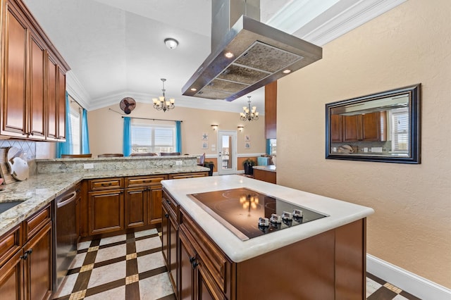 kitchen featuring a chandelier, inlaid floor details, crown molding, black electric cooktop, and stainless steel dishwasher