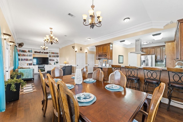 dining area featuring a chandelier, dark wood-style floors, and crown molding