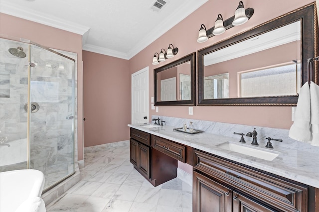 bathroom with a stall shower, crown molding, double vanity, marble finish floors, and a freestanding tub