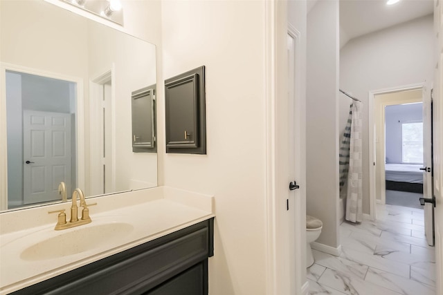 7015 Timber Edge Ln, Humble, TX 77346 - full bathroom featuring vanity, toilet, marble look tile flooring, and shower / tub combo