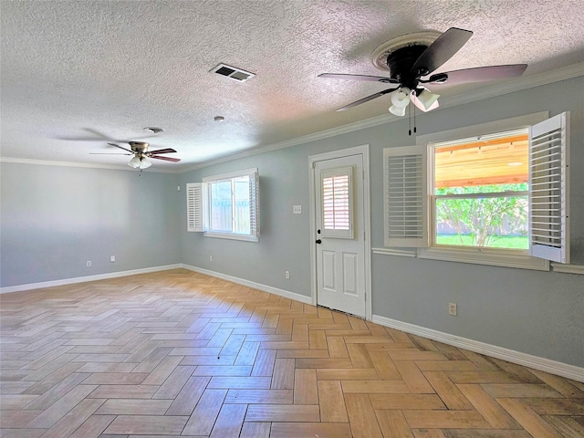 2527 Willowby Dr, Houston, TX 77008 - entrance foyer featuring a ceiling fan, crown molding, and a textured ceiling