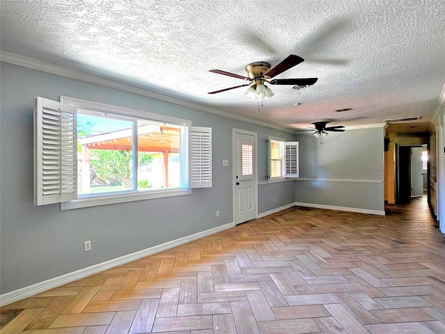 2527 Willowby Dr, Houston, TX 77008 - spare room with healthy amount of natural light, crown molding, ceiling fan, and a textured ceiling