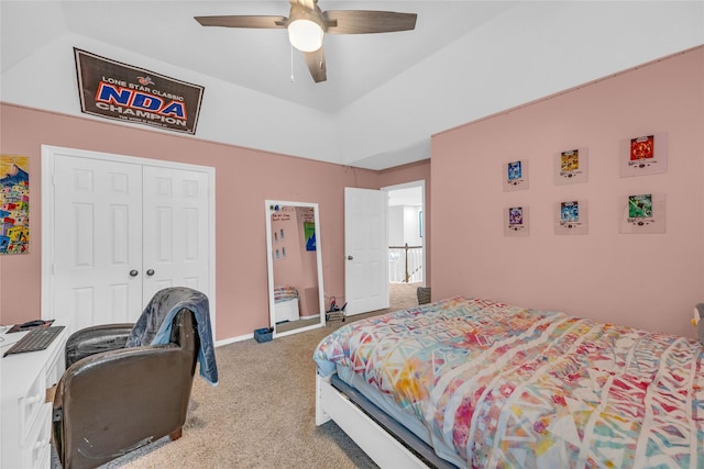bedroom with carpet flooring, a closet, ceiling fan, and baseboards