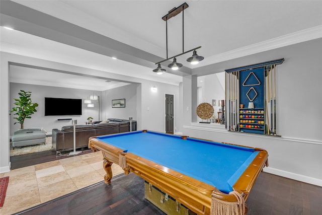 game room featuring hardwood / wood-style flooring, baseboards, billiards, crown molding, and track lighting