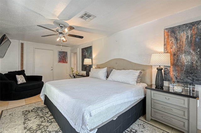 1265 Du Barry Ln, Houston, TX 77018 - bedroom with light tile patterned floors, visible vents, a textured ceiling, and a ceiling fan
